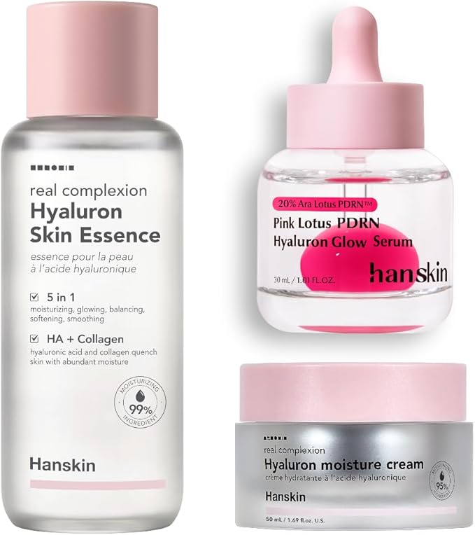 Hanskin PDRN Glass Glow System – Hyaluron Essence Toner, PDRN Hyaluron Glow Serum & Moisture Cream | 3-Step Hydration, Plumping & Barrier Lock Routine for Radiant Glass Skin | Korean Skincare Set