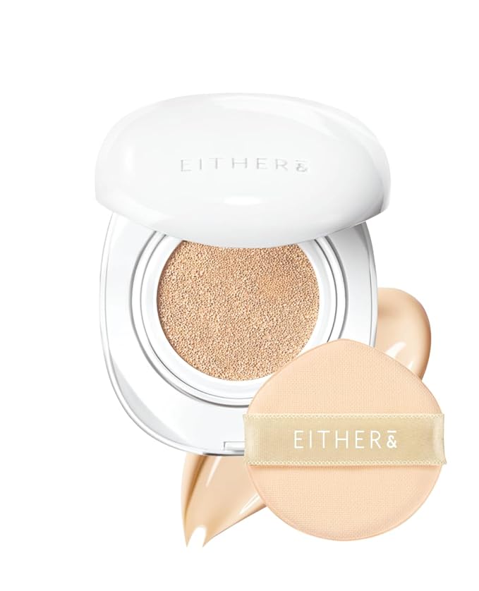 EITHER& Glow Pixel Cushion Foundation, Korean Glass Skin Finish, 62% Skincare-Infused, Antioxidant-Rich, Long-Lasting, Buildable Coverage (21P Rosy, 12g)