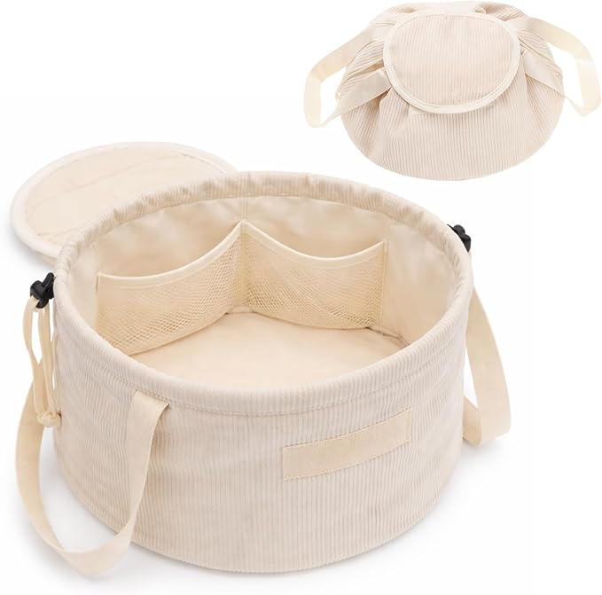 makeup bag lay flat Lay Flat Barrel Drawstring Corduroy Makeup Bag for Women Portable Open-flat Large Capacity Travel Cosmetic Organizer, Skincare & Brush Storage(Creamy White)