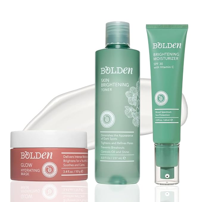 BOLDEN Face Care Pack of 3 Bundle – Hydrating Glow Mask with Hyaluronic Acid, Skin Toner with Glycolic Acid & Niacinamide, and Brightening Face Moisturizer with Vitamin C & SPF 30
