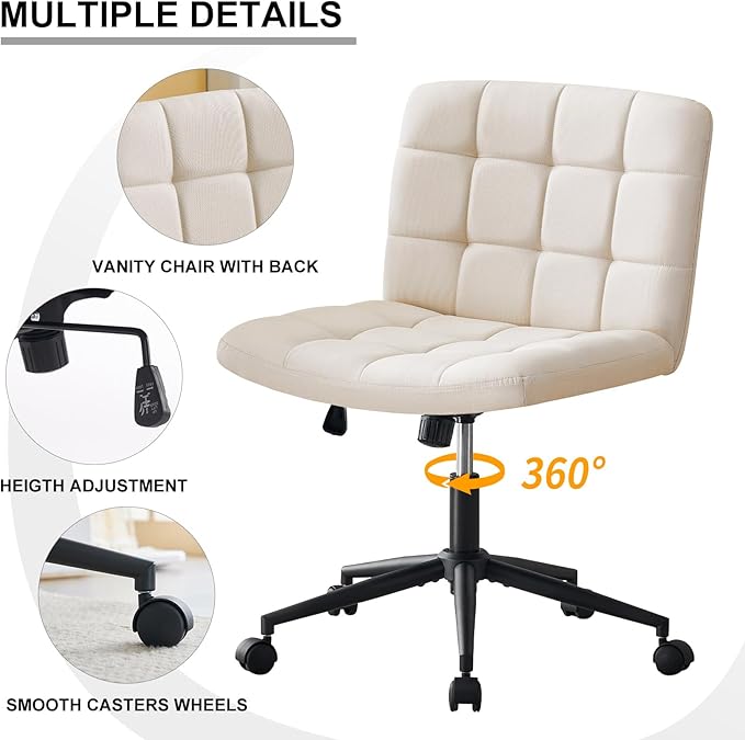 Furnimart Swivel Criss Cross Legged Chair with Wheels for Home Office, Wide Armless Desk Chair Height Adjustable Comfy Seat for Desk,Vanity, Bedroom, Beige