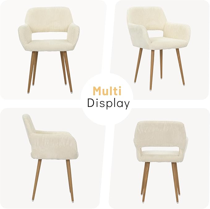 KCC Small Modern Dining Room Arm Chairs Set of 2, Mid-Century Upholstered Corduroy Fabric Side Seat Club Guest with Metal Tube Legs for Kitchen, Living Room, Beige