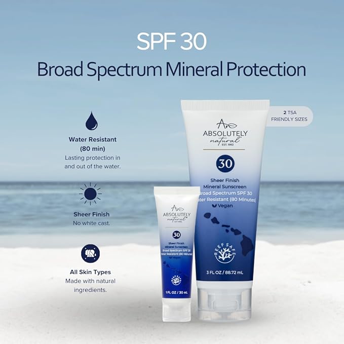 Absolutely Natural - SPF 30 Mineral Sunscreen - Broad Spectrum Water Resistant Moisturizer Lotion For Body & Face - With Non-Nano Zinc Oxide, Vitamin E, & Antioxidants - Made in USA, 3 Oz