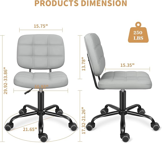 Armless Home Office Desk Chair with Wheels, Modern Ergonomic Drafting Rolling Chair with 360° Swivel Wheels,Height Adjustable Computer Task Chairs for Small Space, Light Grey