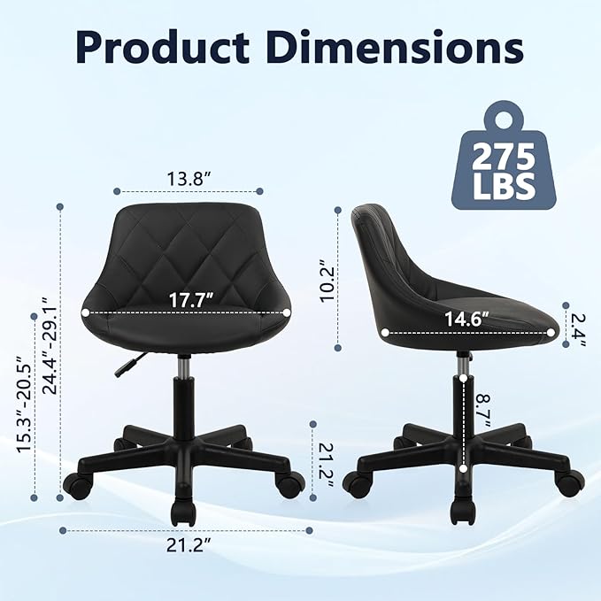 Low Back Rolling Stool PU Leather Vanity Stools, Adjustable Height Ergonomic Swivel Rolling Desk Stool Work Office Swivel Chair, Makeup Salon Spa Stools, Black, 1 Pack