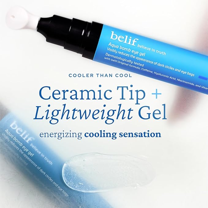 belif Aqua Bomb Cooling Eye Gel - Caffeine & Hyaluronic Acid for Puffiness & Hydration, Niacinamide & Vitamin C for Dark Circles, Adenosine & Collagen for Plumping, Korean Skin Care, 0.5 fl oz (15ml)