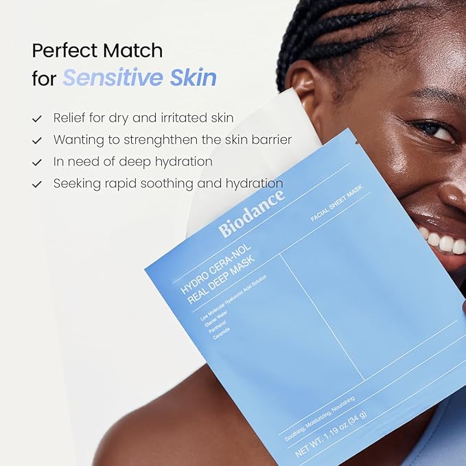 BIODANCE Hydro Cera-nol Real Deep Mask, Hydrating Overnight Hydrogel Face Mask, Moisturizing, Redness Reducing, Quick Soothing, After Sun Care, Sunburn Relief, Korean Skin Care |1.19oz(34g) x4ea