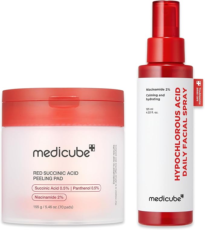 medicube Swipe & Spray Red duo for Troubled Skin: Red Succinic Acid Panthenol Facial Peeling Pads and Power Soothing Spray