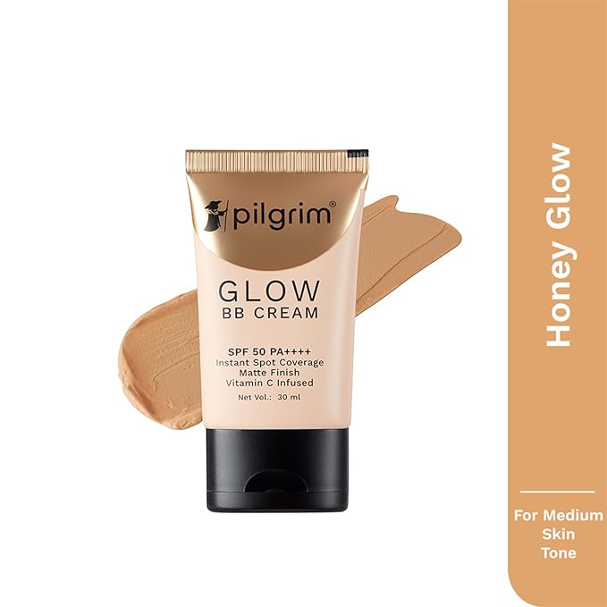 Pilgrim Honey Glow BB Cream SPF 50 PA++++ with Vitamin C | Medium Skin Tone | Lightweight Matte Finish Makeup with Sheer Coverage & Smooth Look | 1.01 Fl Oz (30ml)