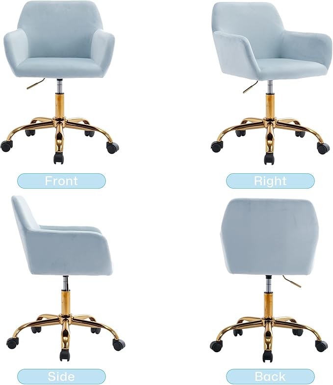 KCC Velvet Office Desk Chair, Comfy Swivel Modern Leisure Armchair with Wheels, Upholstered Comfy Velvet Fabric Makeup Chair Height Adjustable for Teens Women Girls Elegant Home Office, Baby Blue