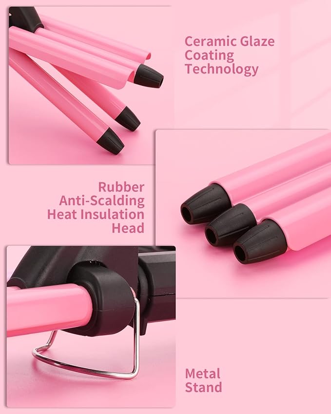 Mini 3 Barrel Curling Iron, Dual Voltage Triple Barrel Hair Waver for Home and Travel, Ceramic Tourmaline 1/2 Inch, Pink
