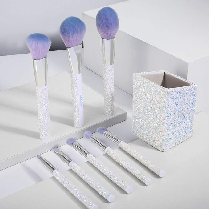 docolor 8PCS Glitter Makeup Brushes with Holder, Make Up Brush Set for Foundation Contour Blush Eyeshadow Eyebrow Bronzer Blending, Soft Synthetic Bristles (White)