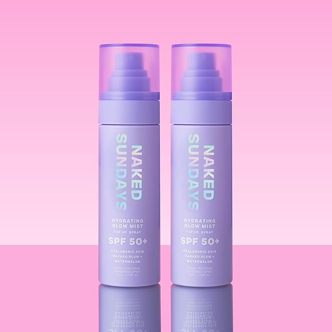 Naked Sundays SPF 50 Hydrating Glow Face Mist - Daily Sunscreen Spray & Makeup Setting Spray with Hyaluronic Acid, Lightweight, Non-Greasy & Hydrating, 2-Pack