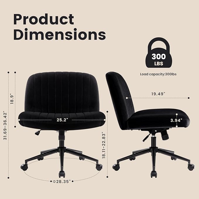 IWMH Criss Cross Chair Cross Legged Office Chair with Wheels Armless Wide Seat Desk Chairs Height Adjustable Computer Task Chairs Swivel Vanity Chair for Home Office Bedroom Make Up Small Space Black