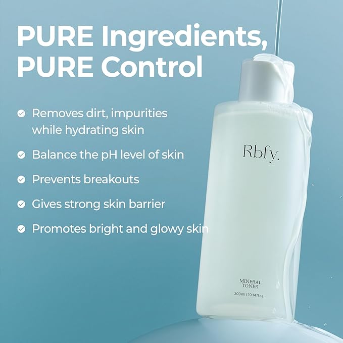Rbfy Mineral Toner - Low-Irritant Face Toner Essence for Hydration, Soothing & Refined Skin with 50,000ppm Nutrient-Rich Mineral Water, Hyaluronic Acid | Vegan Korean Skincare (10.14 fl oz)