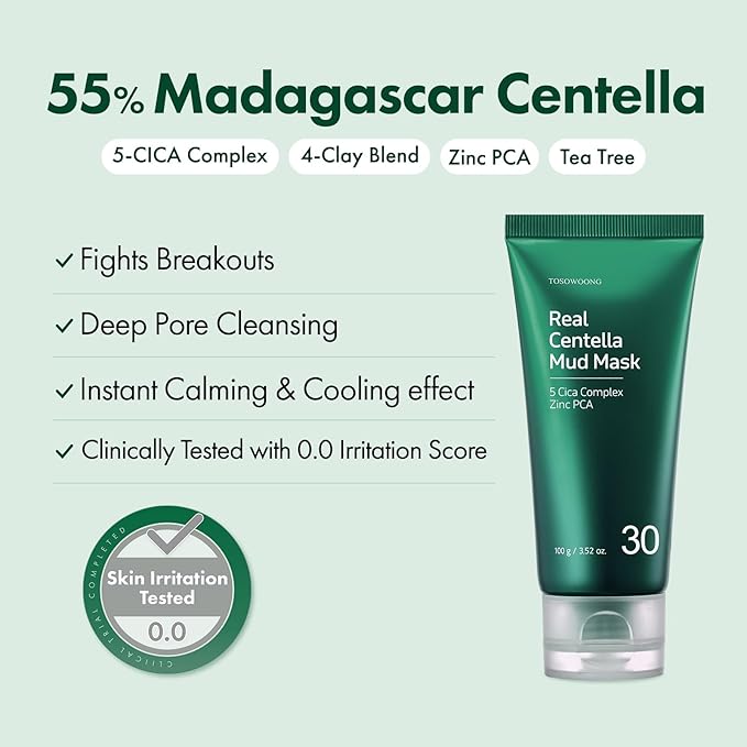 TOSOWOONG Real Centella Mud Mask for Blemish-Prone Skin with Witch Hazel, Tea Tree, Blackhead Remover, Pore Cleaner & Skin Relief, Cooling Quick Dry Formula Face mask, Korean Skincare, 100g / 3.52oz.
