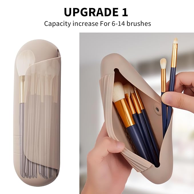 2 IN 1 Silicone Makeup Brush Holder with Beauty Make Up Sponge Holder Case：Soft Portable Cosmetic Face Brushes Holder with Upgrade Anti-Fall Out Magnetic Closure - Walnut