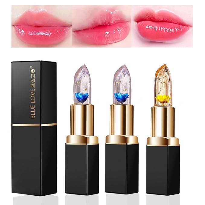 BLUE LOVE 3-Piece Color Changing Flower Jelly Lipstick Set - Nourishing Clear Lip Balm with Flower, Long-Lasting Moisturizing Lip Gloss (2Pc Blue 1Pc Gold)