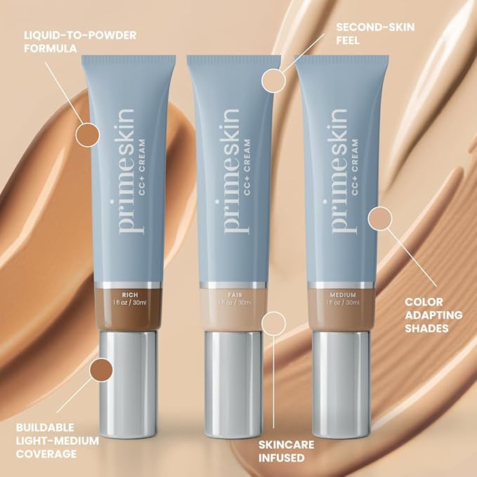 Prime Prometics PrimeSkin CC+ Cream for Mature Women – Liquid-to-Powder Foundation – Blurs Pores & Covers Age Spots – Crease-Free, Hydrating & Soft-Matte Finish for Sensitive Skin (Ivory)