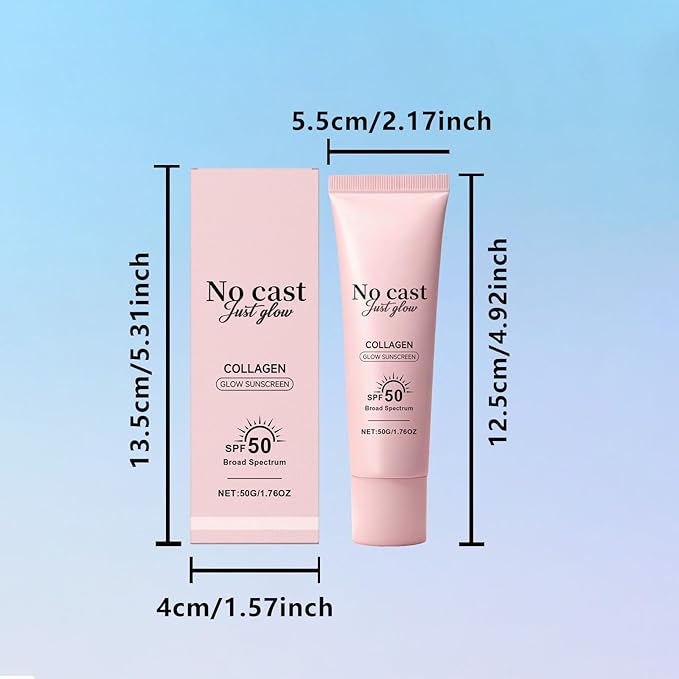 No Cast Just Glow Collagen Sunscreen | SPF 50 Broad Spectrum Face Sunscreen | Lightweight, Non-Sticky, Hydrating Formula | No White Cast or Residue | Peptide, Cica for Soothing & Natural Glow (1PC)