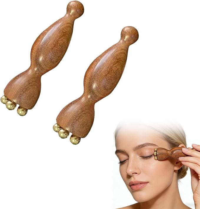 2Pcs Facial Massage Tool for Eye Massage Reduce Puffiness and Dark Circles Facial Meridian Brush Sandalwood Handle Copper Massage Beads Chinese SPA Gua Sha Tool (Sandalwood)