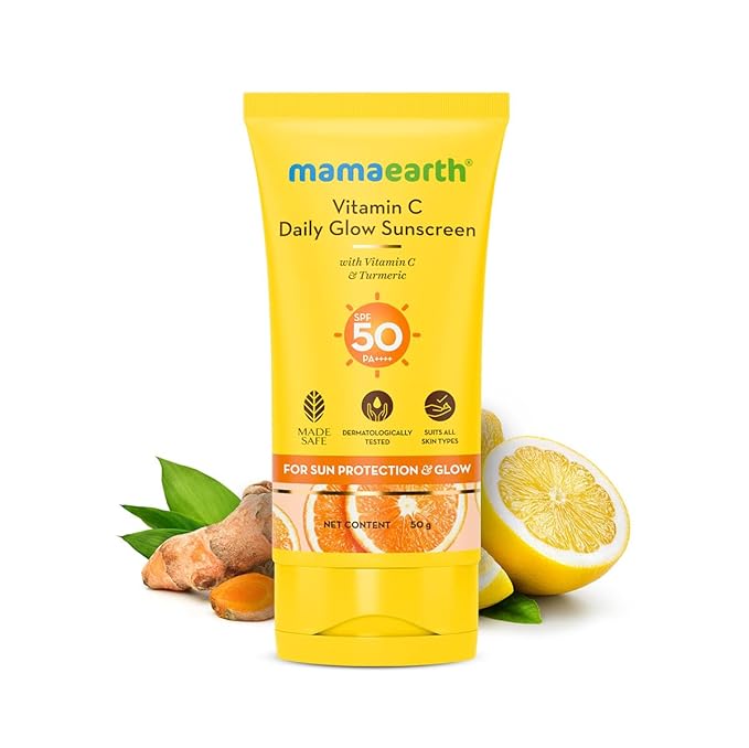 Mamaearth Vitamin C Sunscreen SPF 50 PA++++ | Broad Spectrum UVA/UVB Protection with Turmeric | Daily Glow Face Sunscreen | Lightweight & Fast Absorbing for All Skin Types | 1.76 Oz (50g)