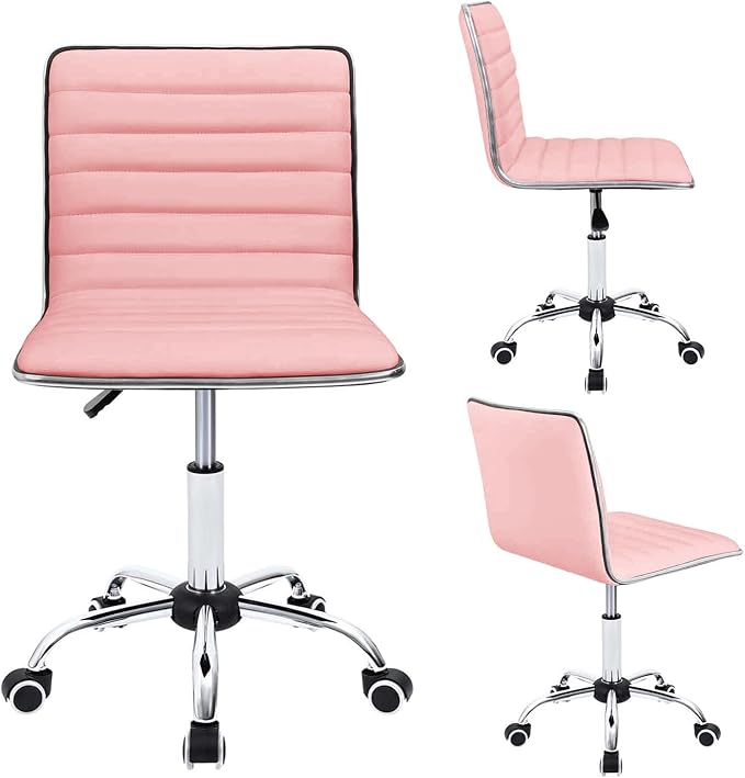 Furmax Vanity Office Desk Chair with Wheels, Armless Small Cute Leather Makeup Computer Task Chair Adjustable Height 360° Swivel (Pink)