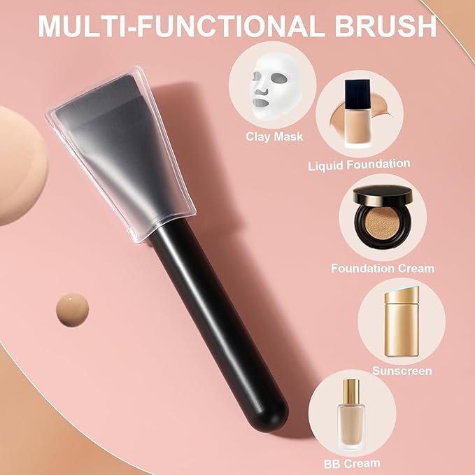 Flat Foundation Brush with Puff, Beautyfactor Ultral Thin Spatula Makeup Brush with Sponge for Liquid Makeup | Fast Flawless Korean Kabuki Brushes for Blending, Liquid, Cream, Blush, Buffing（Black）