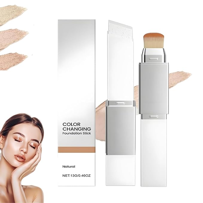Tryskintle Color Changing Foundation Stick, 2 in 1 Foundation Stick with Brush, Korean Dual-Ended Full Coverage Foundation with Fine Bristle Brush, Lightweight, Long-Lasting (Natural)