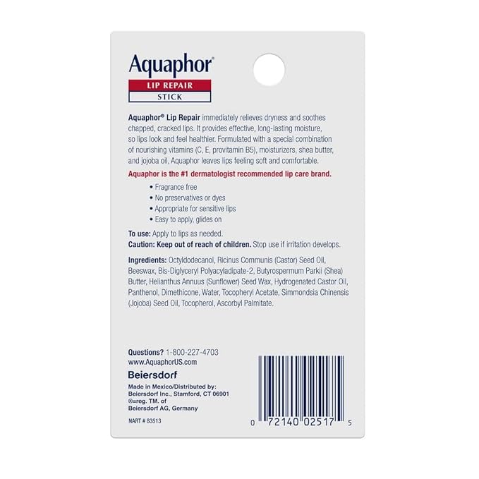 Aquaphor Lip Repair Stick, Moisturizing Lip Balm Pack, Relieves Dryness, 0.17 Oz Stick, (Pack of 4)
