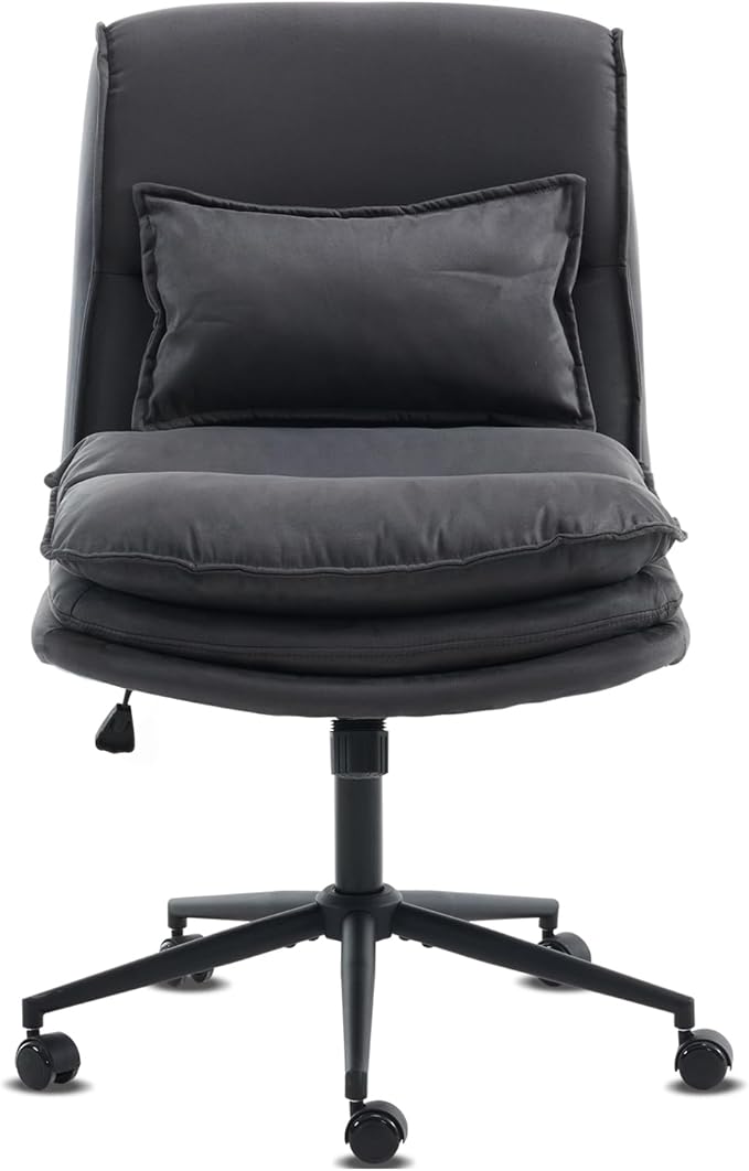 VINGLI Cloud Criss Cross Legged Chair,18" High Back Armless Home Office Desk Chair with Wheels,Wide Adjustable Comfy Padded Seat Task Computer Chair,Modern Swivel Makeup Vanity Chair,Microfiber,Grey