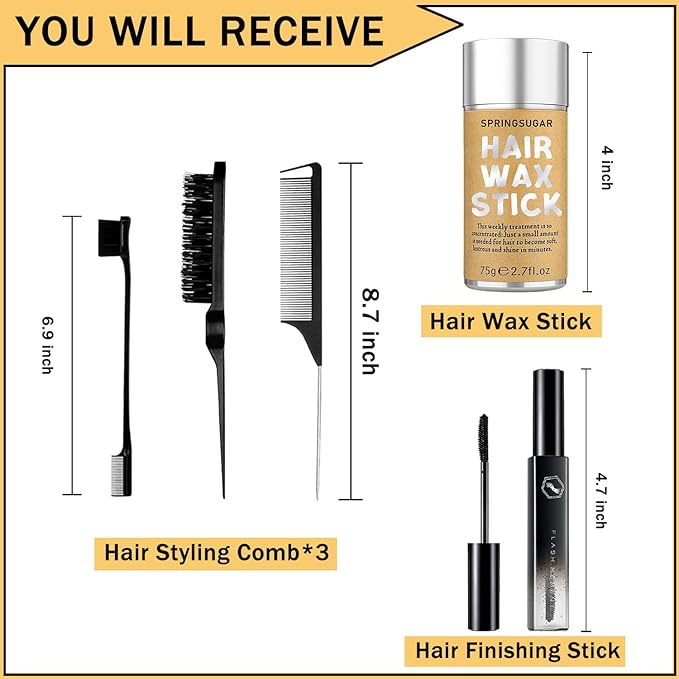 5 Pcs Hair Wax Stick for Flyaways Edge Control Slick - Styling Tools Includes , Finishing , Comb, Gel for Fly Away for Women