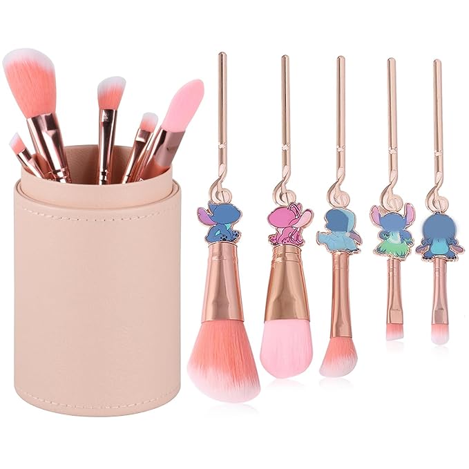 5 Pcs stitchs Makeup Brushes Set with Brushes Holder, Blue Big Eyes Alien Cartoon Makeup Brushes Set, Gifts for Women Girls