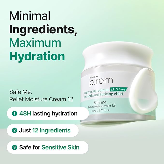 MAKE P:REM Safe Me. Relief Moisture Cream 12, Clinically Proven 48-Hour Hydration, Minimal Ingredients, EWG Green, Korean Skin Care, 2.70 fl.oz. (80ml)