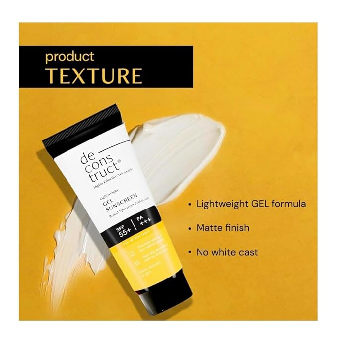 De Construct Lightweight Gel Sunscreen, SPF 55+ PA+++, Broad Spectrum Protection, Non-Oily, No White Cast, Water Resistant, 50g