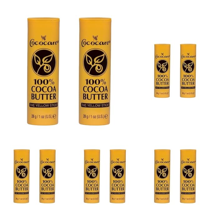Cococare 100% Cocoa Butter Stick - All-Natural Cocoa Butter Emollient for Ultimate Skin Hydration & Protection - The Yellow Stick - (10 Pack)