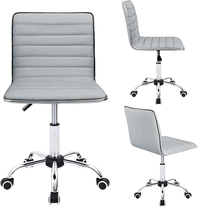 Furmax Vanity Office Desk Chair with Wheels, Armless Small Cute Leather Makeup Computer Task Chair Adjustable Height 360° Swivel (Light Grey)