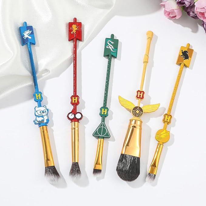 Fantasy Magic Academy Makeup Brushes, 5PCS Metal Handle Brushes with Golden Snitch, Horcrux, Elder Wand & Dobby Designs - Premium Makeup Tools Gift Set for Wizarding World Fans (H P)