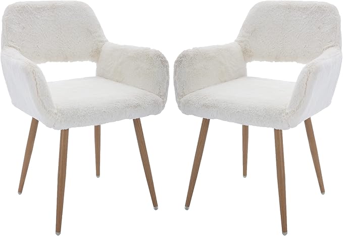 Furry Desk Chair Set of 2, Mid-Century Modern Accent Faux Fur Chair for Teen Girls, Comfy Armchair with Wood Look Metal Legs for Living Dining Room, Home Vanity Makeup Office Desk Chair No Wheel,White