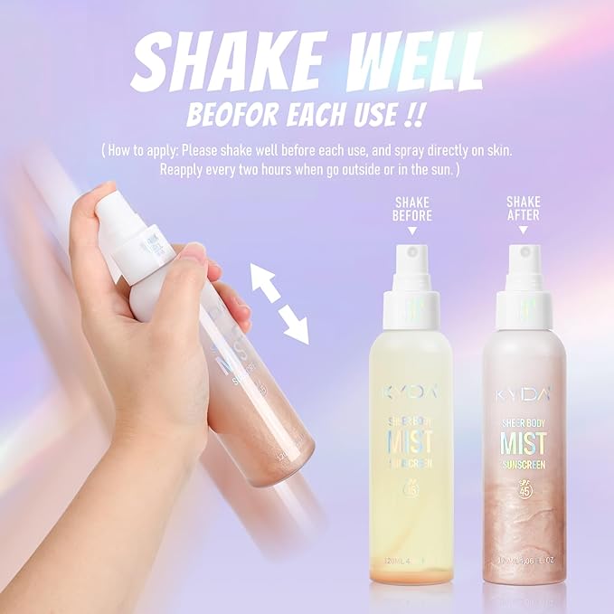 Sheer Body Sunscreen Mist, SPF 45 Ultra-fine Glowing Spray, Lightweight Hydrating Non-Greasy Quick Drying, Infused with Shimmering Radiant Glow Sunscreen Body Oil Mist-Rose,4.06 fl oz