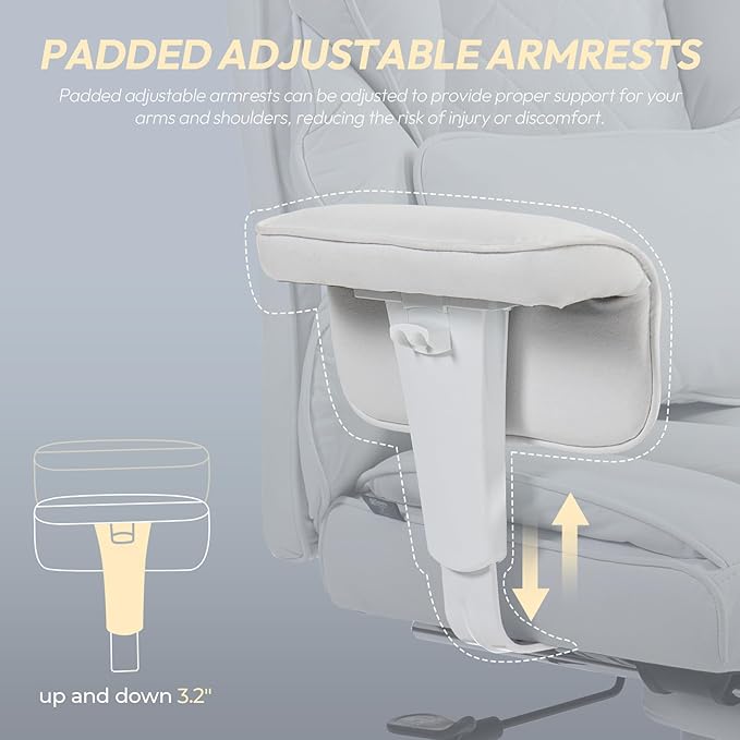 Dowinx Big and Tall Office Chair with Pocket Spring Cushion,High Back Computer Gaming Chairs with Adjustable Armrests,Executive Desk Chairs with Lumbar Support and Footrest,Fabric White