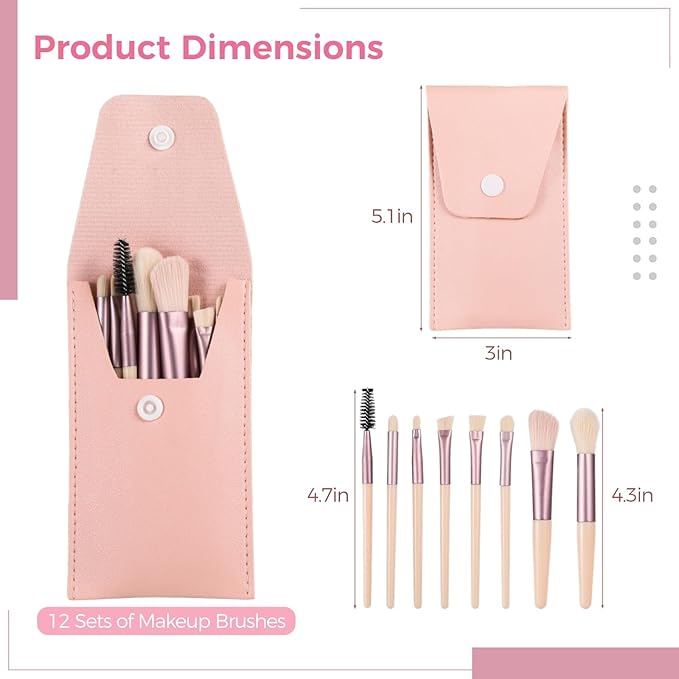 12 Pack Travel Brush Sets 8-Piece Mini Synthetic Fiber Cosmetic Brushes with Bag, Bridesmaid Present & Bachelorette Party Favor (Ivory Beige)