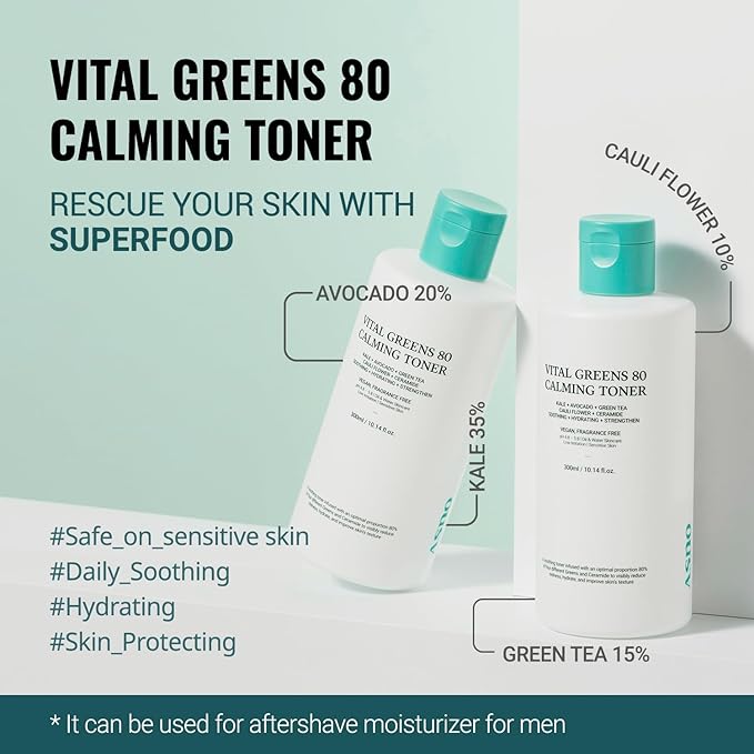 ASNO Vital Greens Calming Toner 300ml - Genderless Vegan Soothing Care for Acne, Pimple, Redness, Sensitive Skin, Superfood 80% + Ceramide, Hydrating Daily Facial Toner, Korean Skin Care