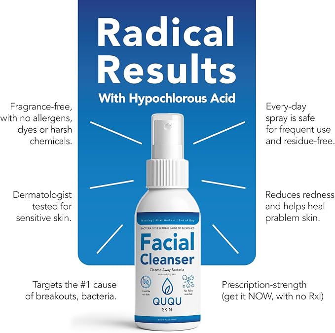 QUQU SKIN Hypochlorous Acid Face Spray - Daily Facial Cleanser & Toner Mist - Pore Clarifying Solution for Blemishes, Redness & Sensitive Skin - Post-Workout & Makeup Prep - Alcohol Free -(3.38 Fl Oz)