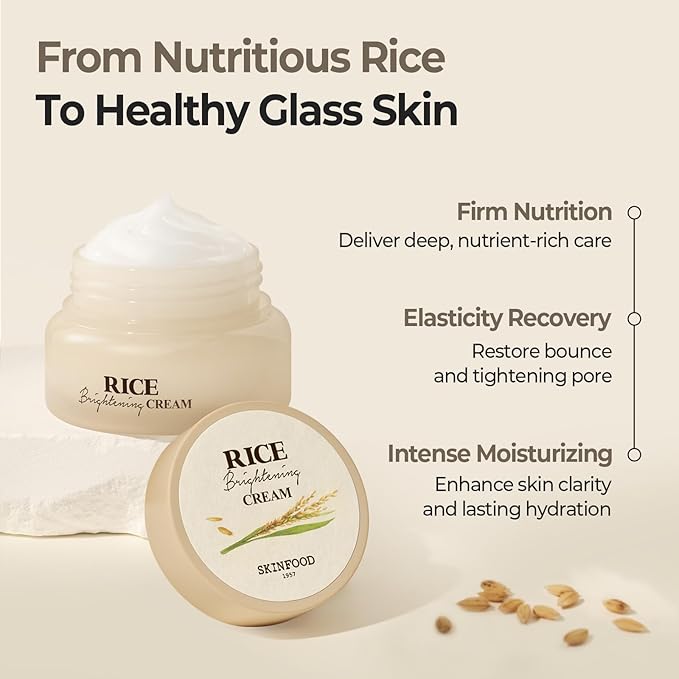 SKINFOOD Rice Daily Brightening Skincare Set – Korean Face Toner Pads & Hydrating Cream for Glowing Glass Skin, Natural Fermented Rice Water, Gentle Exfoliation & Deep Moisture, Vegan K-Beauty Duo