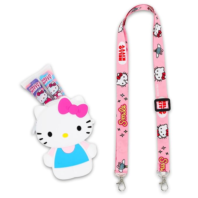 Hello Kitty Lip Gloss Tubes with Shaped Pouch - Bundle with 2 Lip Glosses in Assorted Flavors for Party Favors Plus Character Coin Purse with Lanyard, Stickers, More Party Favors