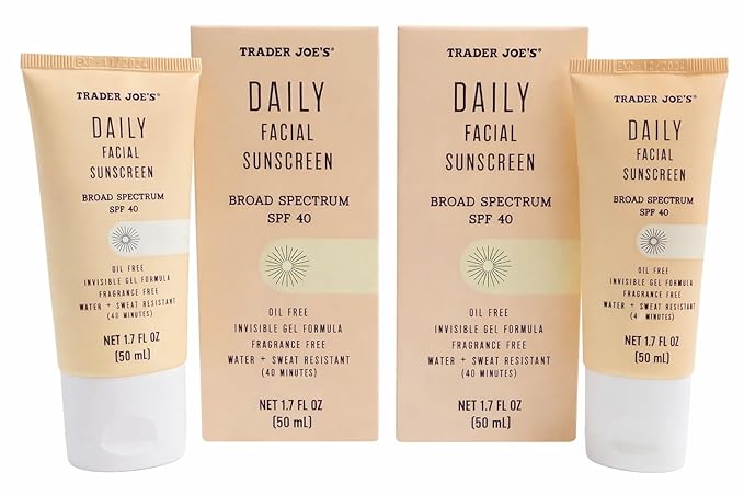 Trader Joe’s Daily Facial Sunscreen SPF 40, Invisible Gel Formula, Oil Free, Fragrance Free, Water & Sweat Resistant, 1.7 oz (Pack of 2)