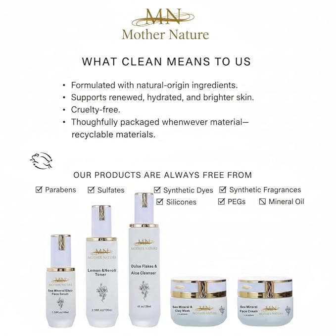 MN Mother Nature Sea Mineral 5-Piece Skincare Set – Dulse Aloe Cleanser, Lemon Neroli Toner, Elixir Serum, Clay Mask & Face Cream – Seaweed & Wakame for Renewed, Hydrated, and Brightened Skin