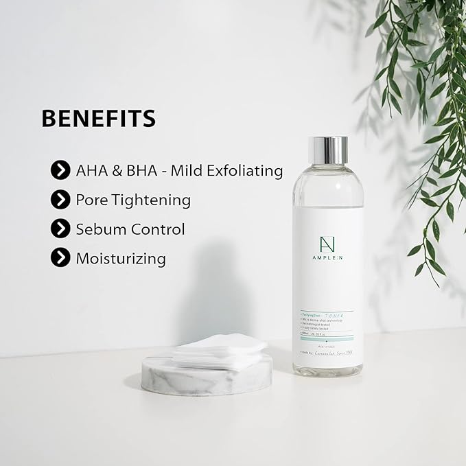 Ample:N Purifying Shot Toner Big- Korean AHA, PHA Pore Refining Face Toner for Oily and Acne Skin - Refreshing Pore Tightening Astringent – Removes Dead Skin Cells - 20.3 fl.oz.