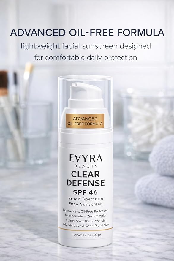 EVYRA Clear Defense SPF 46 Sunscreen Lotion for Face Broad Spectrum UV Protection, Niacinamide + Zinc PCA Oil Control, Lightweight Non-Greasy, No White Cast, Water-Resistant, For Oily/Acne-Prone Skin